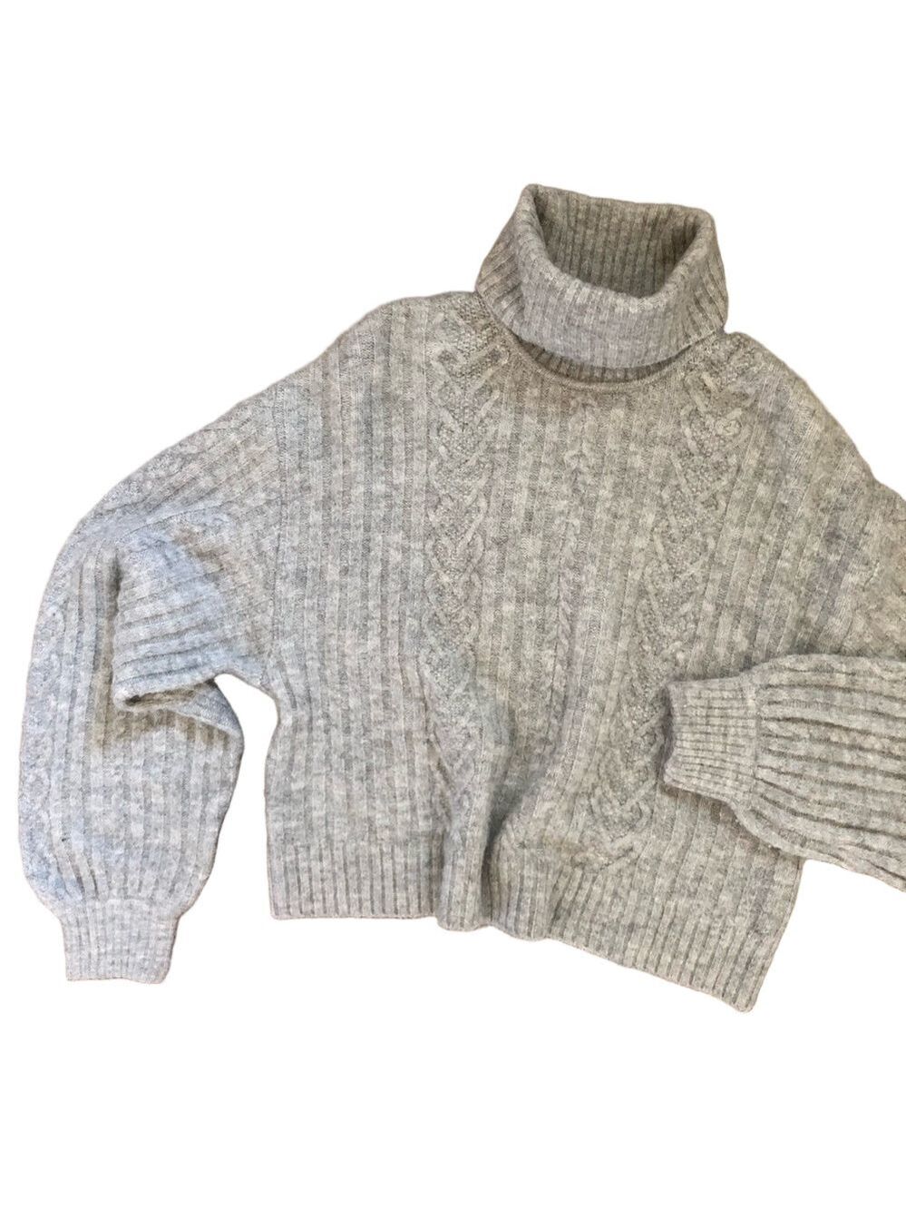 Gray Cropped Cable Knit Turtleneck Sweater Balloon Sleeves women's size small